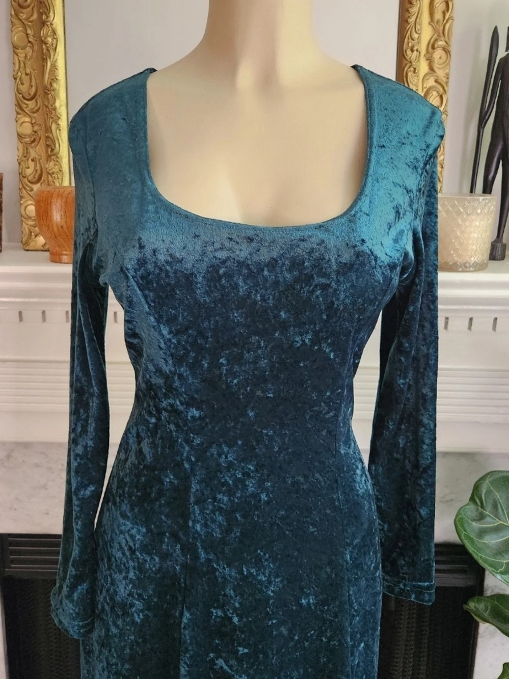 Vintage 80s All That Jazz Green Dress Size M Crushed Velvet Midi Whimsigoth Boho - Picture 6 of 9